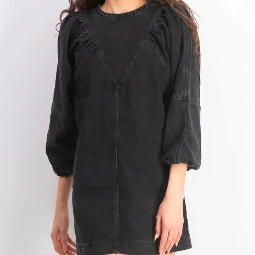 NWT TOPSHOP - Women Puff Sleeve Denim Midi Dress, Wash Black - SIZE 6